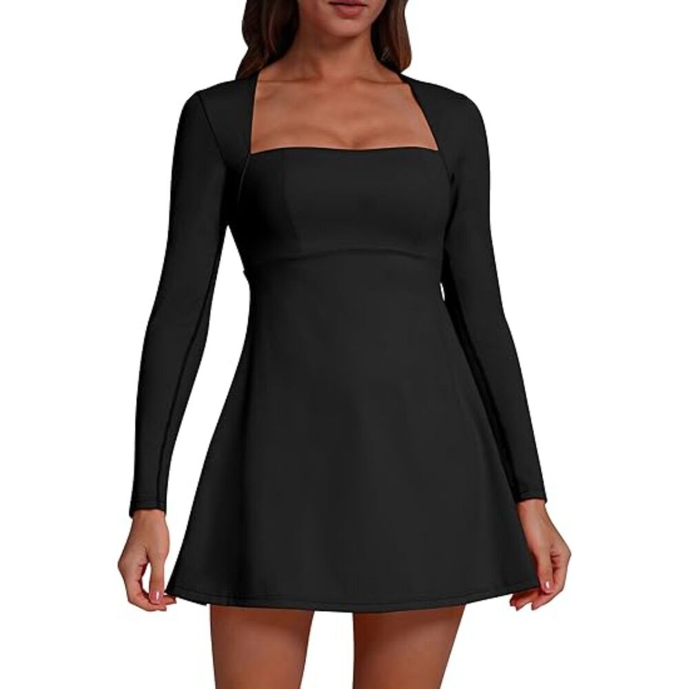 Square Neck Long Sleeve A-Line Flare Mini Dress, MEDIUM, 15K-172D004